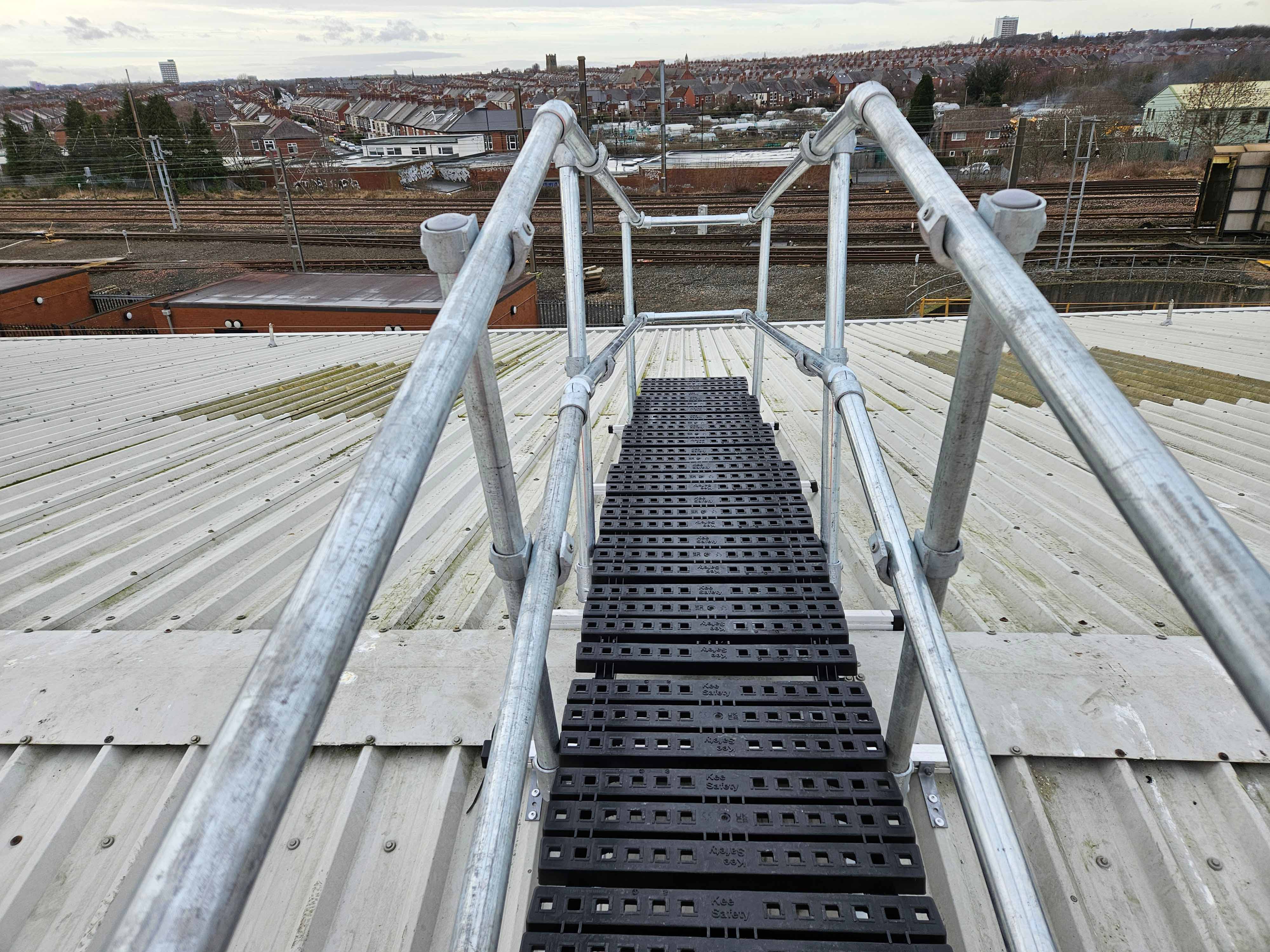 roof safety walkway with double handrail